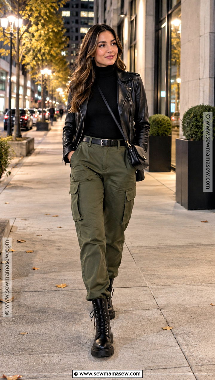 Army Green Pants With Black Turtleneck And Leather Jacket - 15 army green pants outfit fall