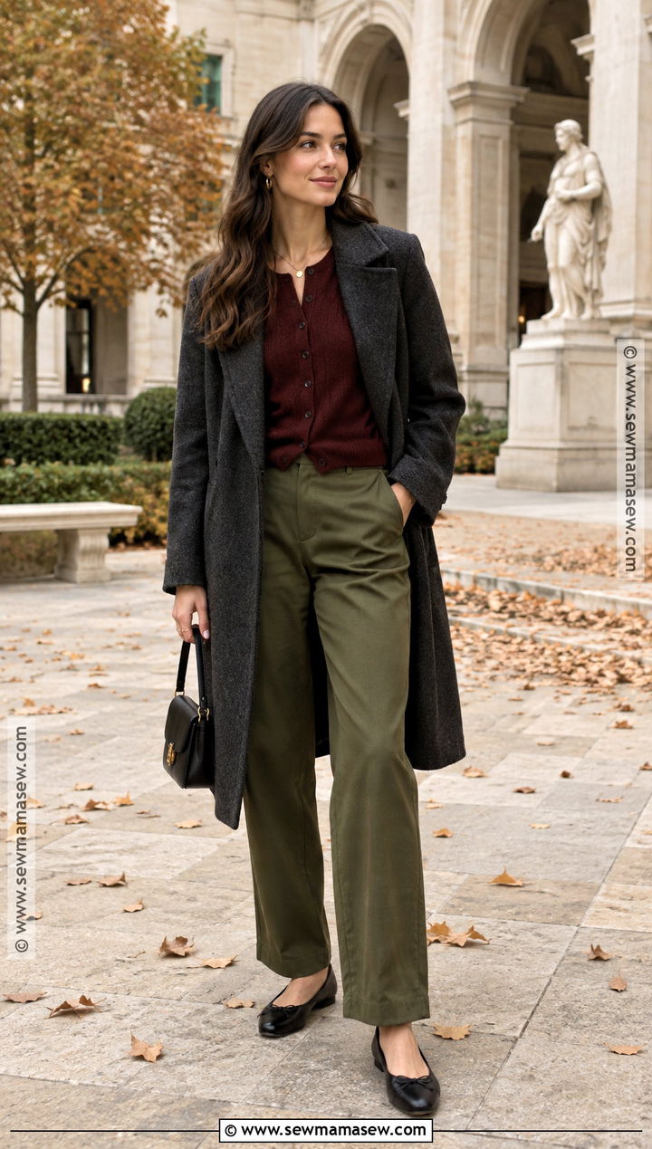 Army Green Pants With Burgundy Cardigan And Ballet Flats - 15 army green pants outfit fall