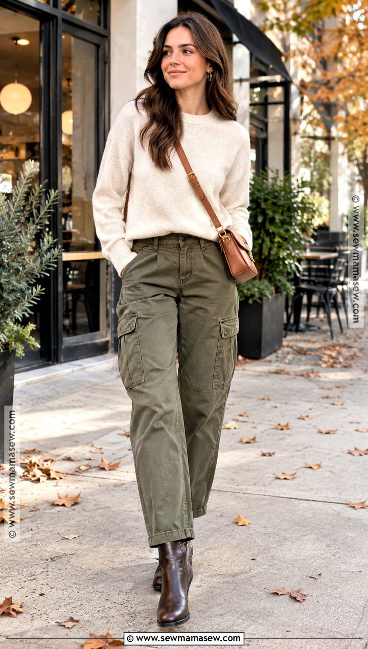 Army Green Pants With Cream Sweater And Brown Boots - 15 army green pants outfit fall