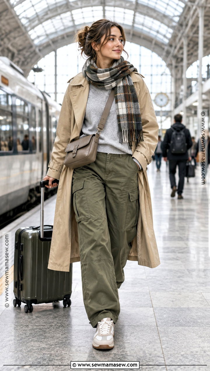 Army Green Pants With Gray Sweatshirt And Trench Coat - 15 army green pants outfit fall
