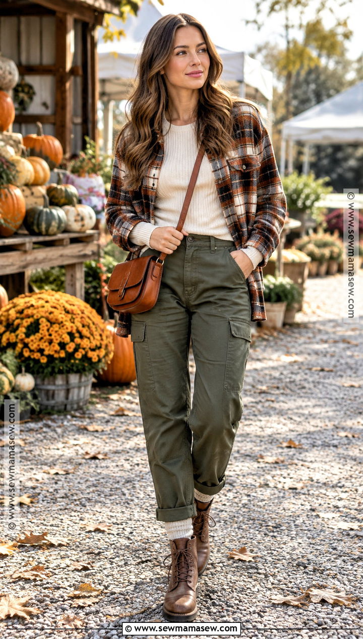 Army Green Pants With Plaid Shacket And Lace Up Boots - 15 army green pants outfit fall