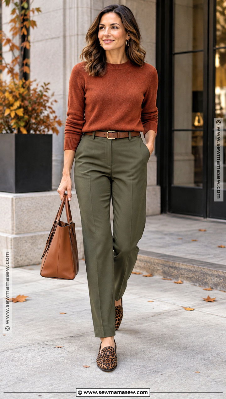 Army Green Pants With Rust Sweater And Leopard Flats - 15 army green pants outfit fall