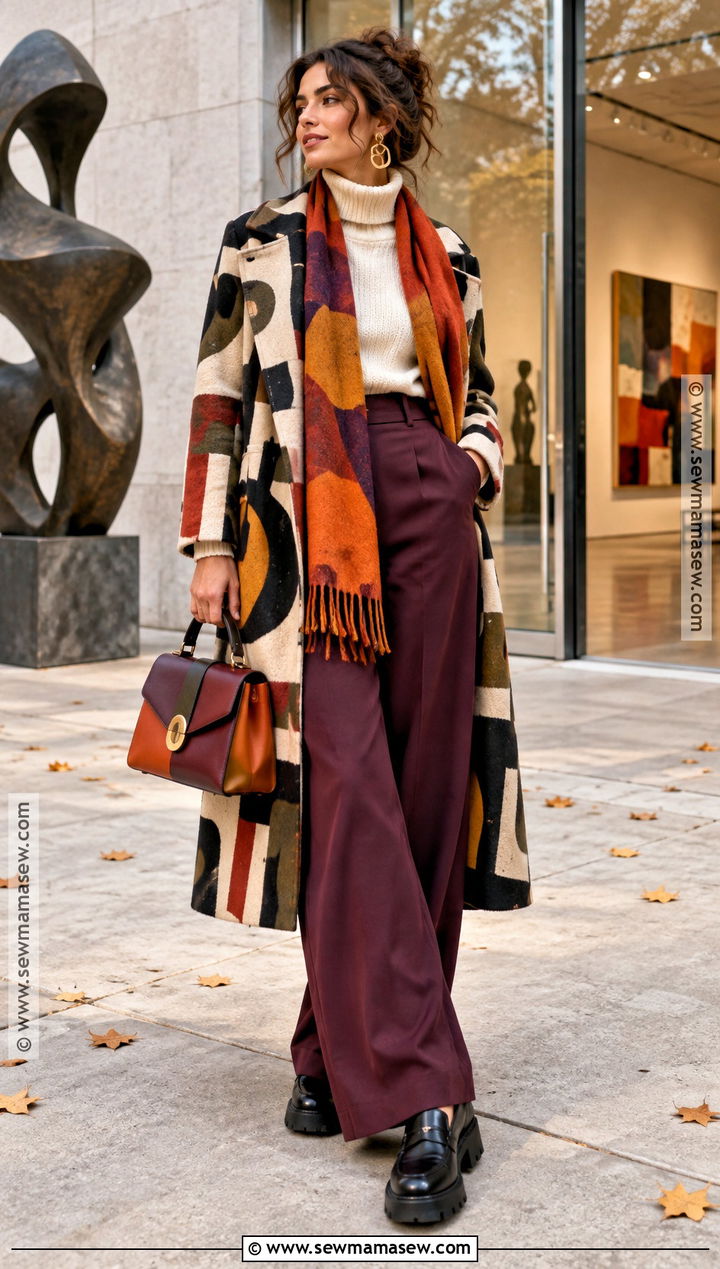 Artsy Autumn Patterned Coat And Colorful Trousers Outfit - 20 autumn clothing aesthetic ideas