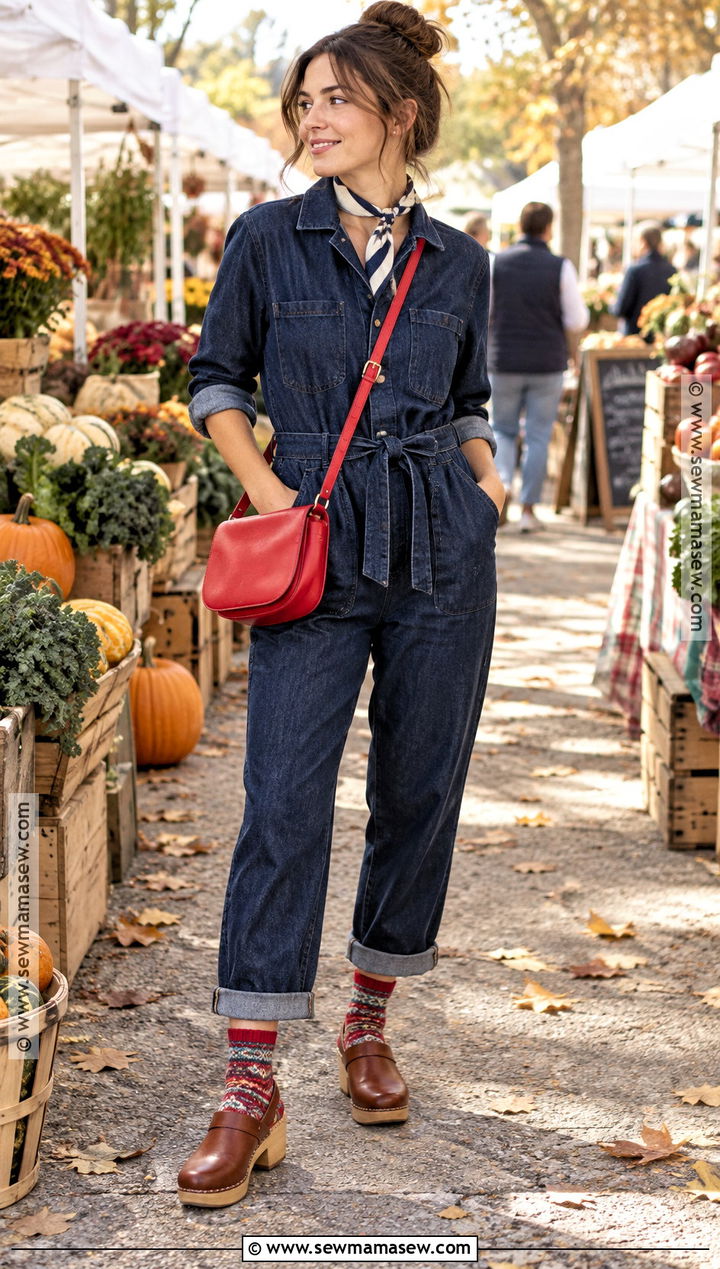 Artsy Fall Outfit With A Denim Jumpsuit And Colorful Accessories - 20 Artsy Fall Outfits