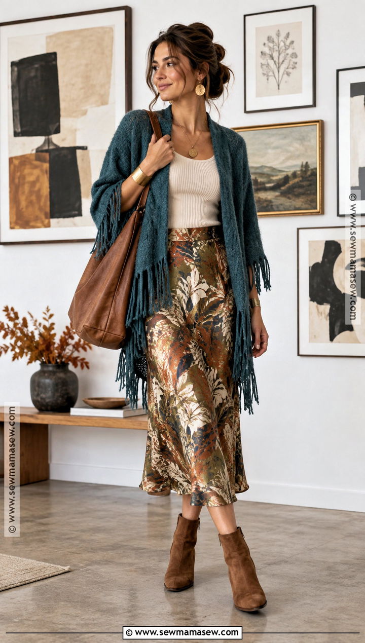 Artsy Fall Outfit With A Fringe Cardigan And Midi Skirt - 20 Artsy Fall Outfits