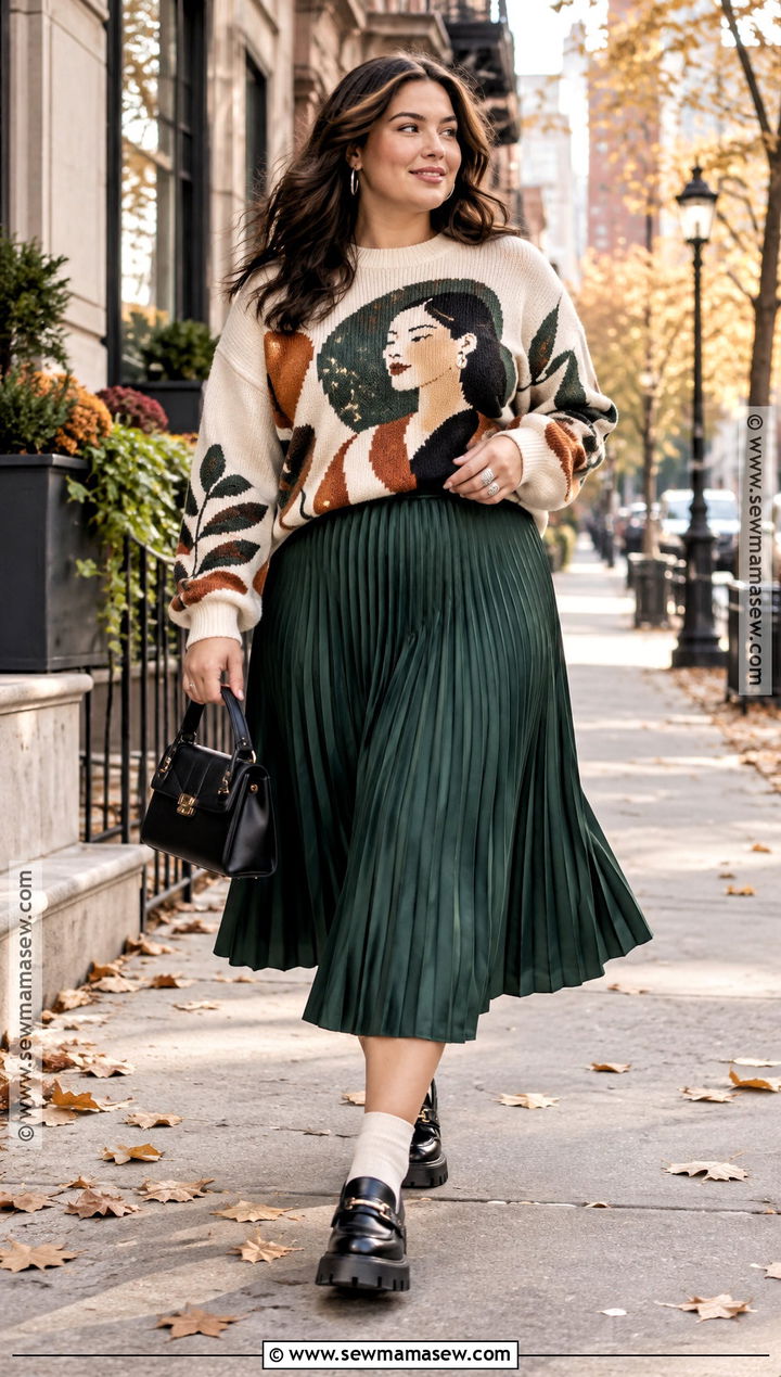 Artsy Fall Outfit With A Graphic Sweater And Pleated Skirt - 20 Artsy Fall Outfits