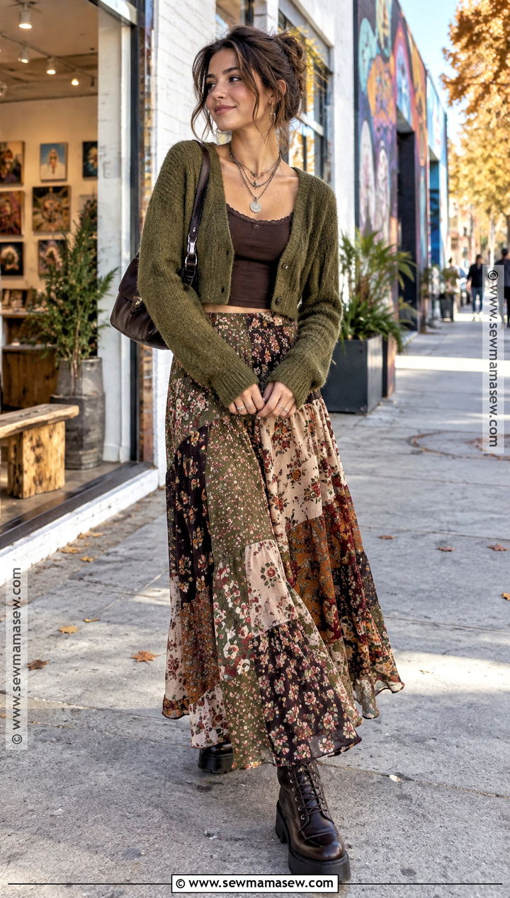 Artsy Fall Outfit With A Maxi Skirt And Cropped Cardigan - 20 Artsy Fall Outfits