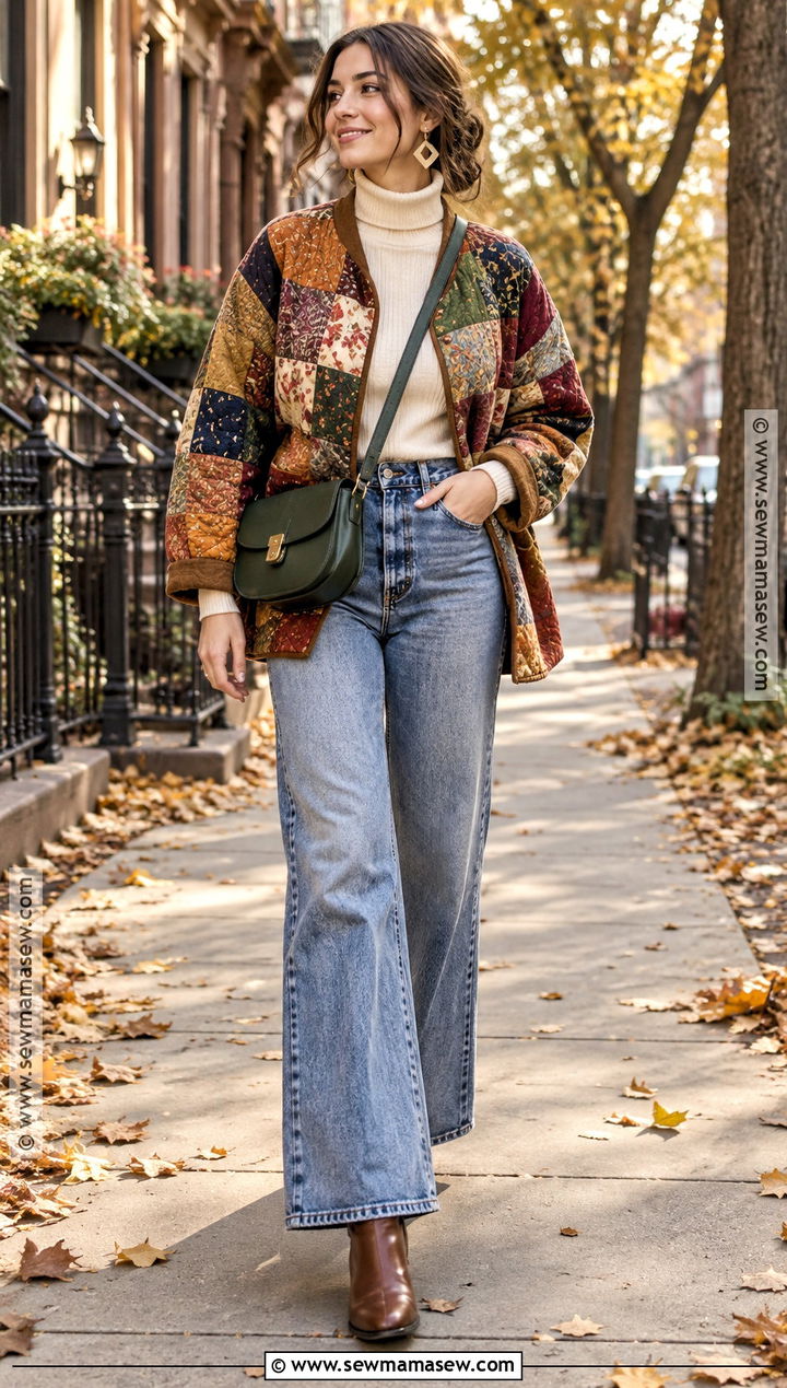 Artsy Fall Outfit With A Patchwork Jacket And Wide Leg Jeans - 20 Artsy Fall Outfits