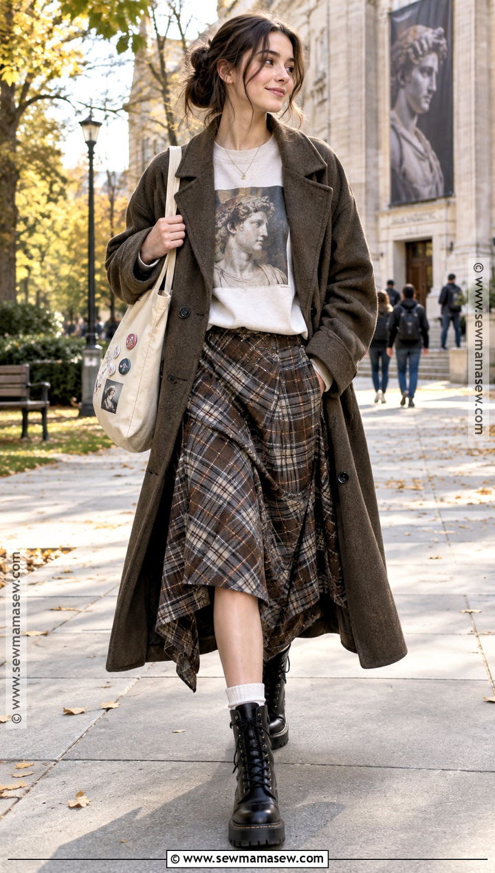 Artsy Fall Outfit With A Plaid Skirt And Oversized Sweatshirt - 20 Artsy Fall Outfits