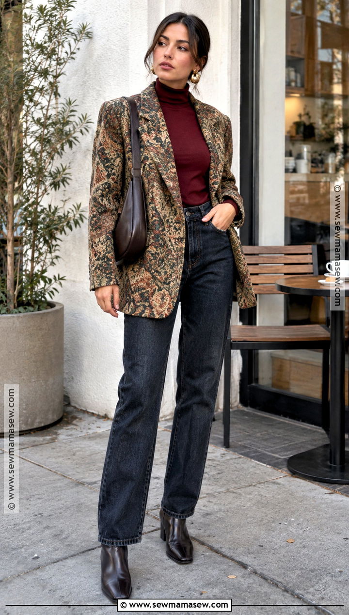 Artsy Fall Outfit With A Printed Blazer And Straight Leg Jeans - 20 Artsy Fall Outfits