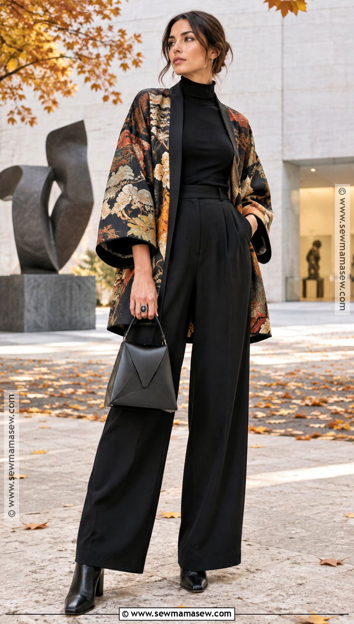 Artsy Fall Outfit With A Printed Kimono And Black Separates - 20 Artsy Fall Outfits