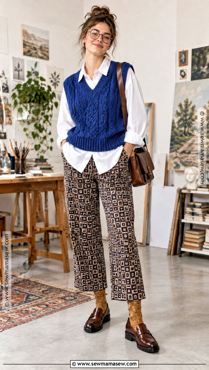 Artsy Fall Outfit With A Sweater Vest And Printed Pants - 20 Artsy Fall Outfits