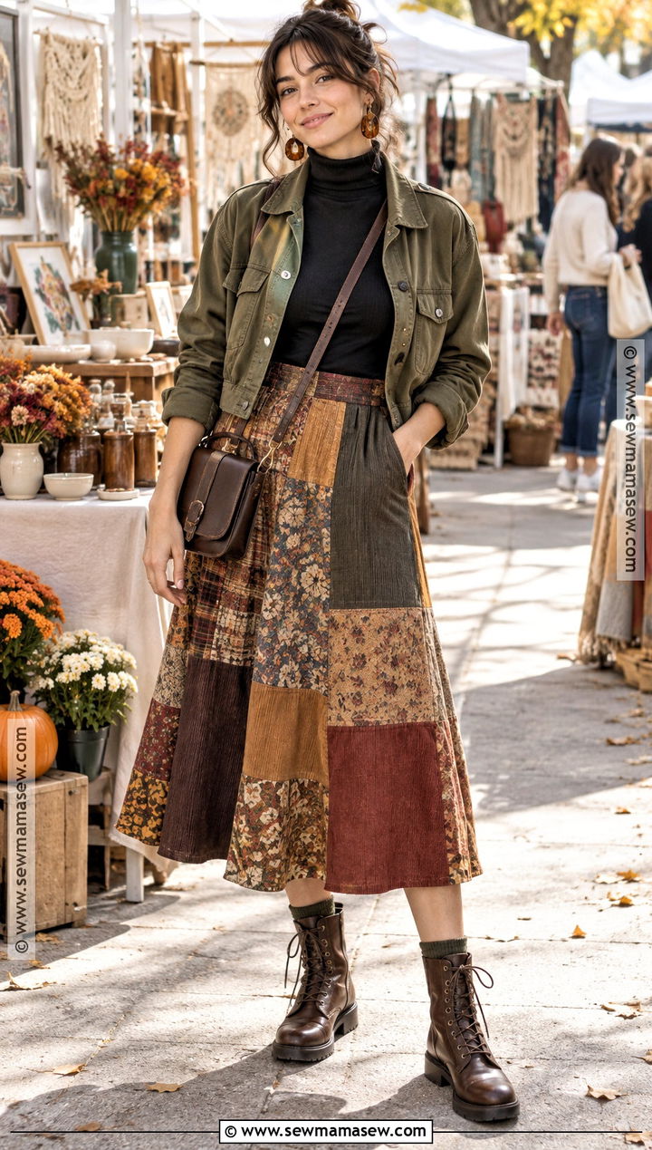 Artsy Fall Outfit With A Turtleneck And Patchwork Skirt - 20 Artsy Fall Outfits