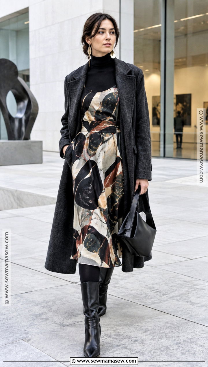 Artsy Fall Outfit With An Abstract Print Dress And Boots - 20 Artsy Fall Outfits