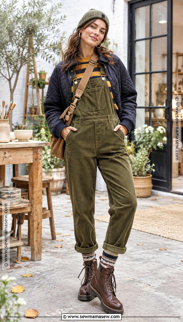 Artsy Fall Outfit With Overalls And A Striped Sweater - 20 Artsy Fall Outfits