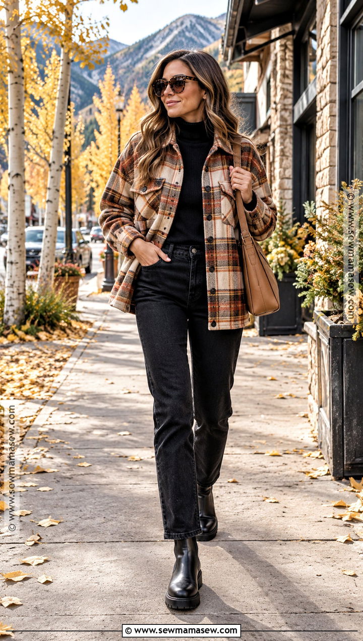 Aspen Fall Plaid Shacket and Black Jeans Outfit - 20 Aspen Outfits Fall
