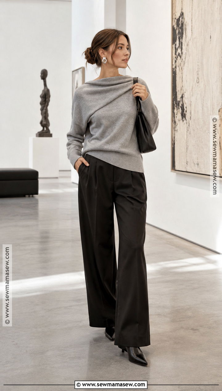 Asymmetric Knit Sweater With Tailored Pants - 15 fall knitwear collection ideas