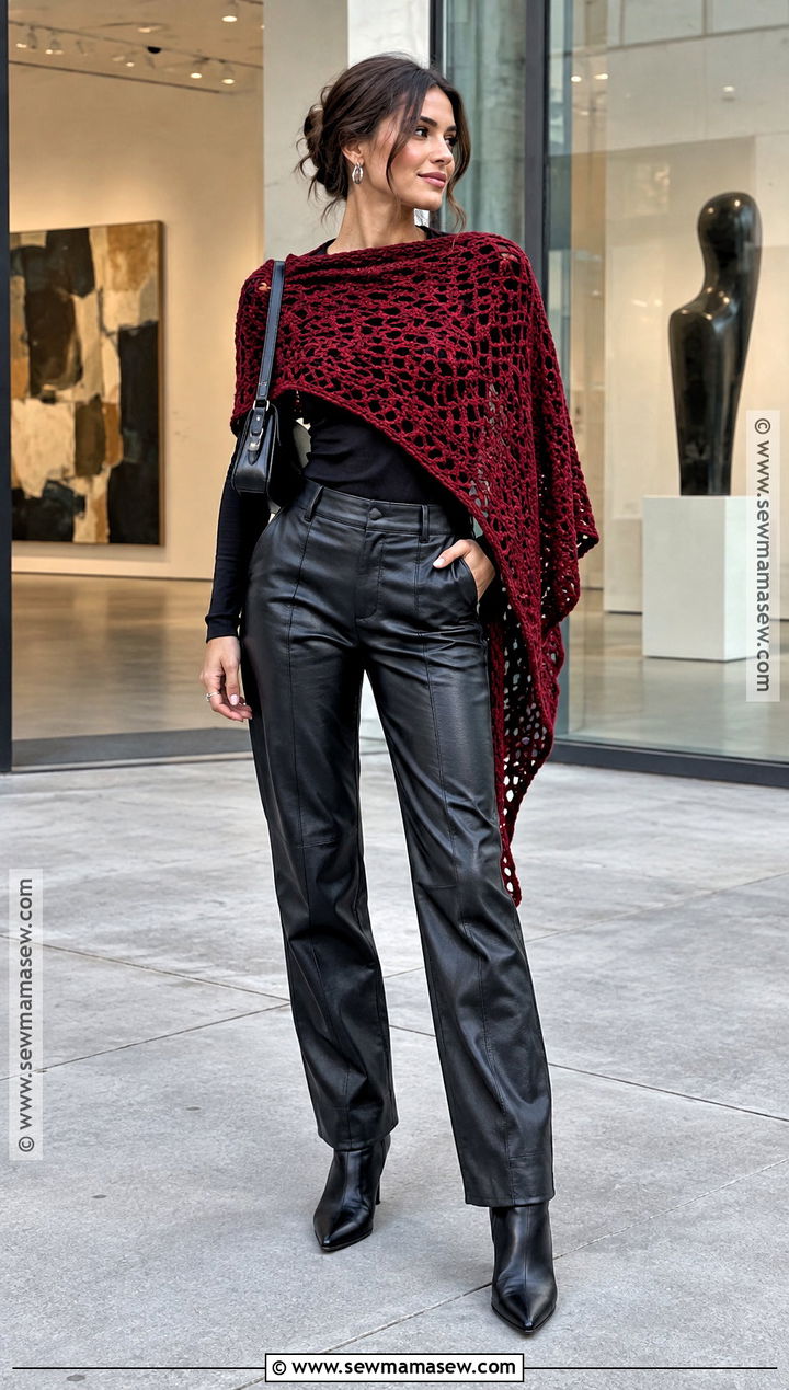 Asymmetrical Crochet Shawl With Leather Pants - 15 Fall Crochet Shawl Ideas