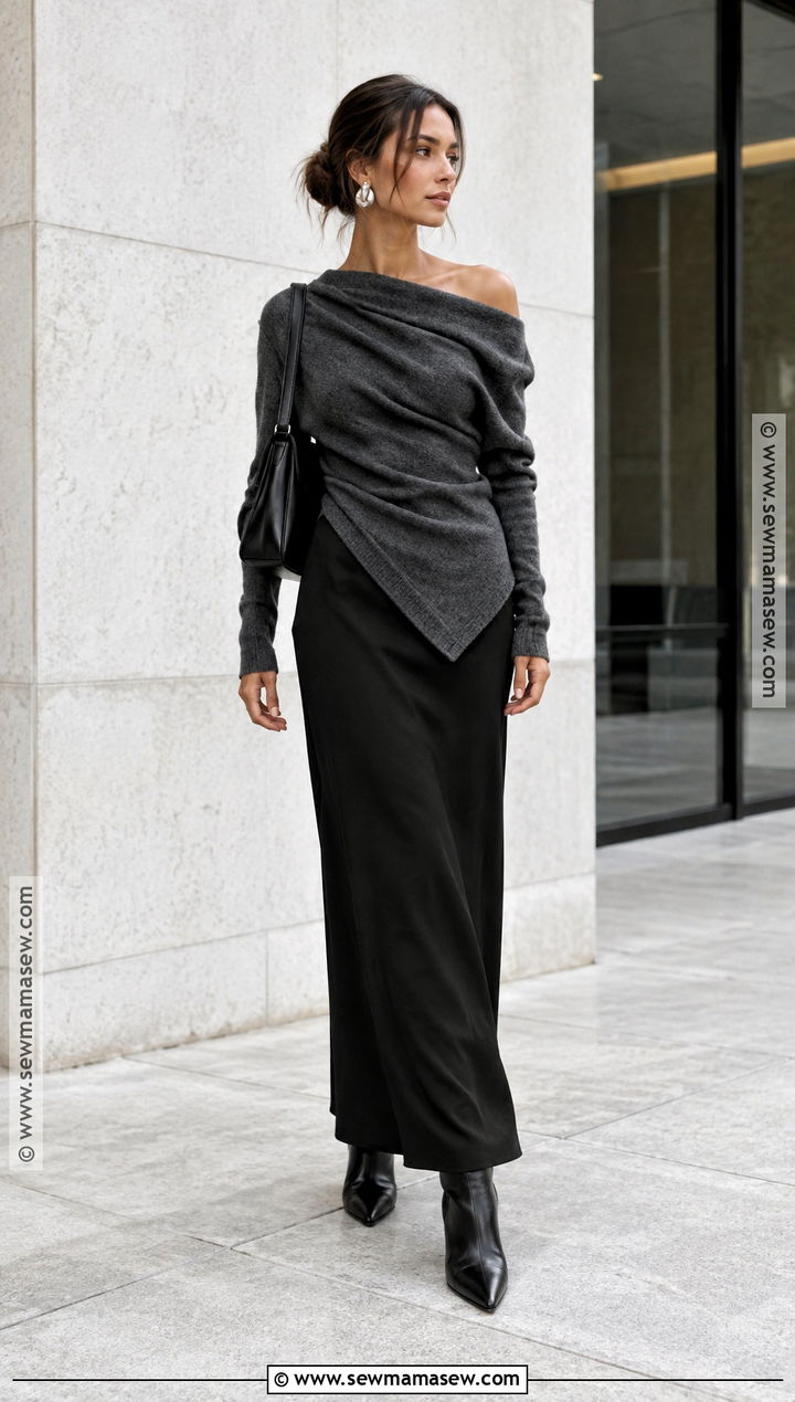 Asymmetrical Knit Top With Maxi Skirt - 15 Fall Fashion Knit Top Ideas