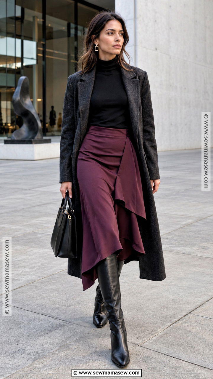 Asymmetrical Skirt With Fitted Top And Long Coat - 20 Fall Skirt Ideas