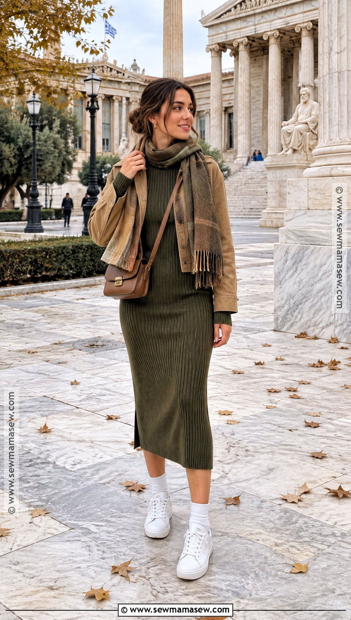 Athens Fall Outfit With Knit Dress And Leather Sneakers - 15 Athens Greece Outfit Fall Ideas
