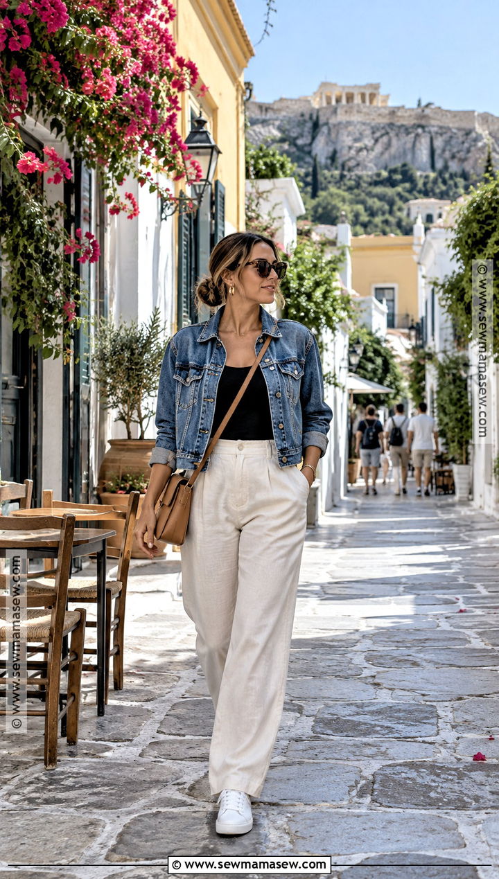Athens Fall Outfit With Linen Pants And Denim Jacket - 15 Athens Greece Outfit Fall Ideas