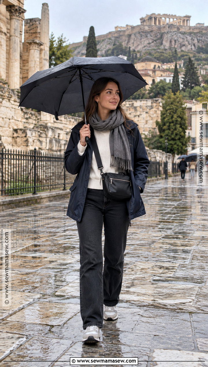 Athens Fall Outfit With Rain Jacket And Dark Jeans - 15 Athens Greece Outfit Fall Ideas
