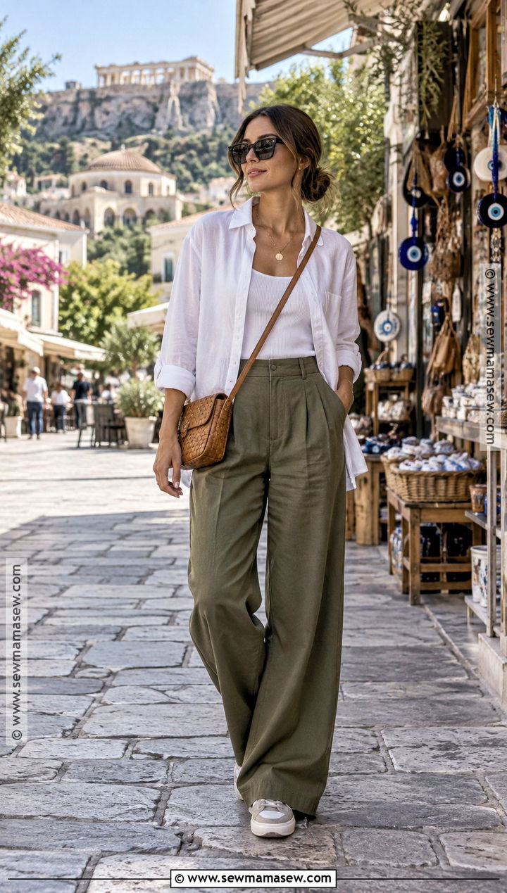 Athens Fall Outfit With Wide Leg Pants And Button Down Shirt - 15 Athens Greece Outfit Fall Ideas