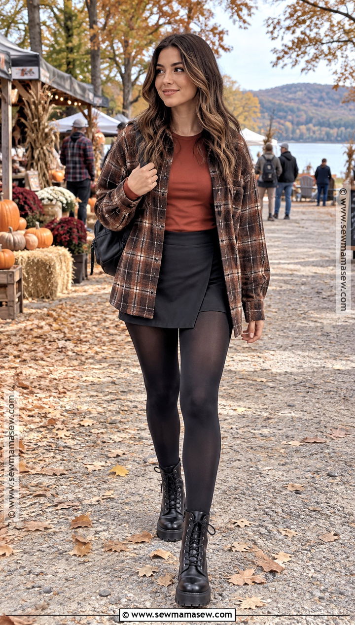 Athletic Skirt With Shacket and Combat Boots - 15 athletic skirt outfit fall ideas