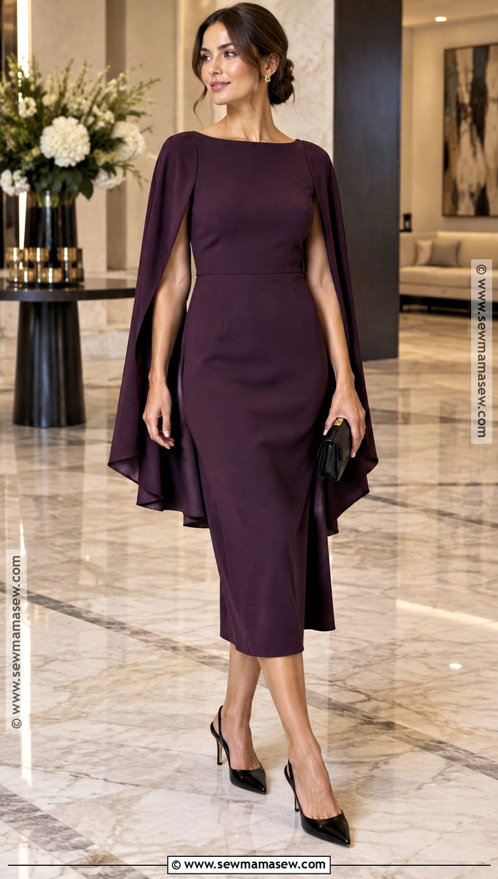 Aubergine Cape Sleeve Dress Outfit - 20 fall cocktail attire ideas