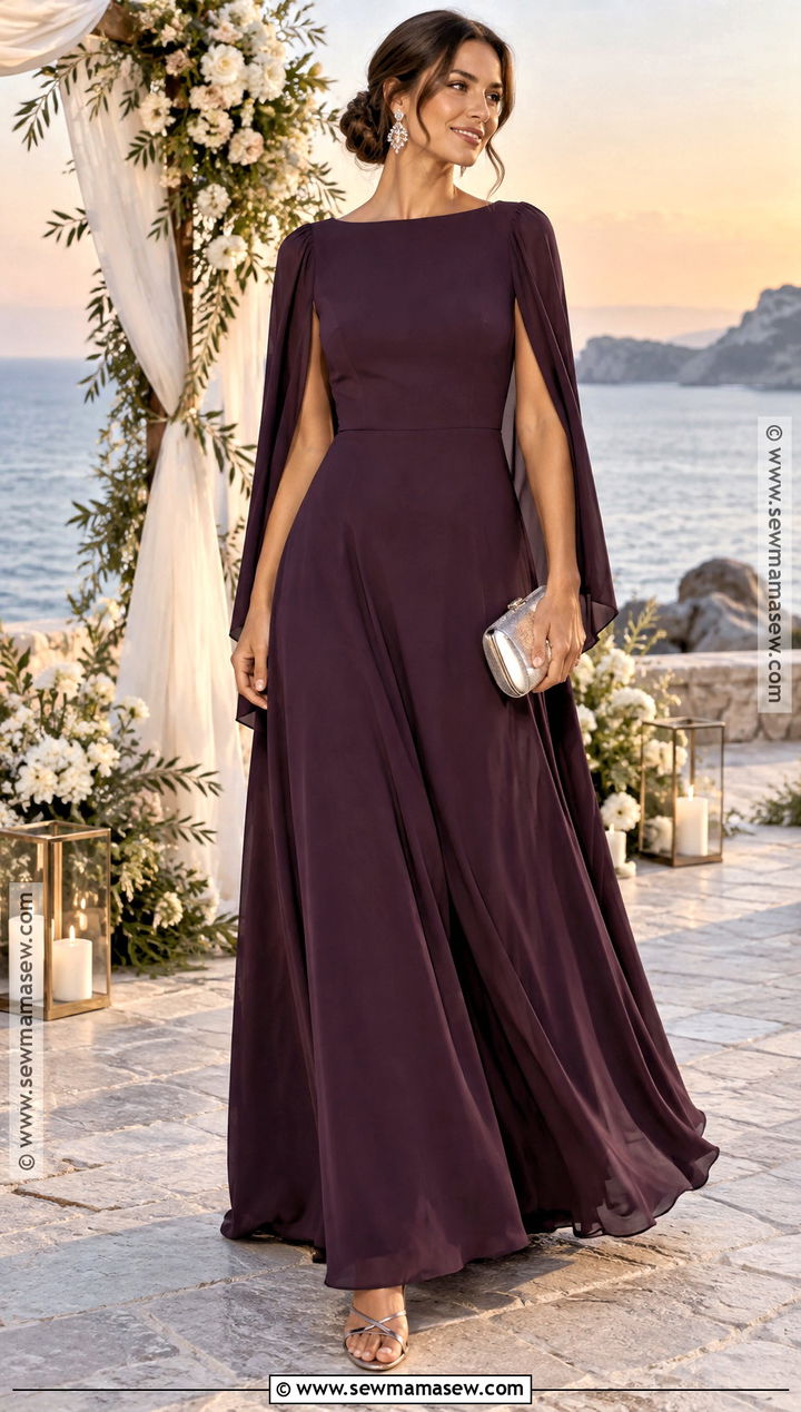 Aubergine Cape Sleeve Maxi Fall Beach Wedding Guest Dress - 20 fall beach wedding guest dress ideas