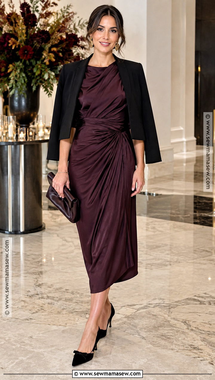 Aubergine Draped Midi Fall Cocktail Outfit - 20 Fall Cocktail Attire Ideas for Women