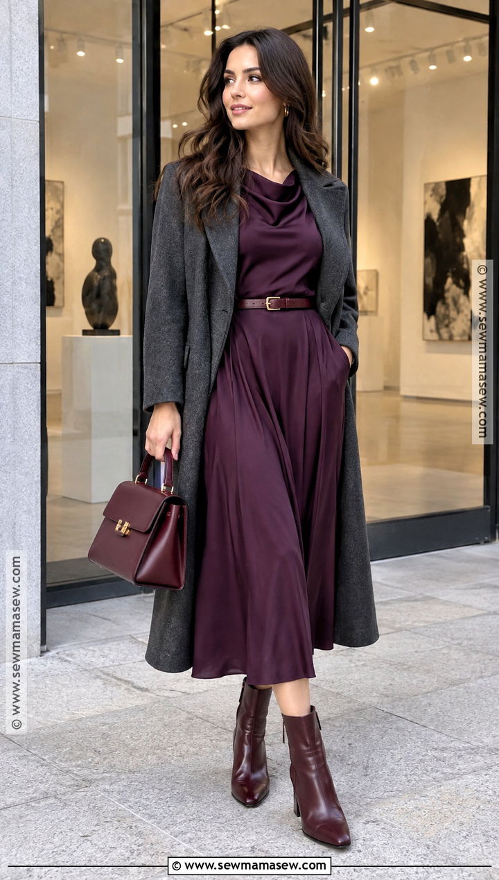 Aubergine Dress And Burgundy Accessories Autumn Outfit - 25 autumn color outfits