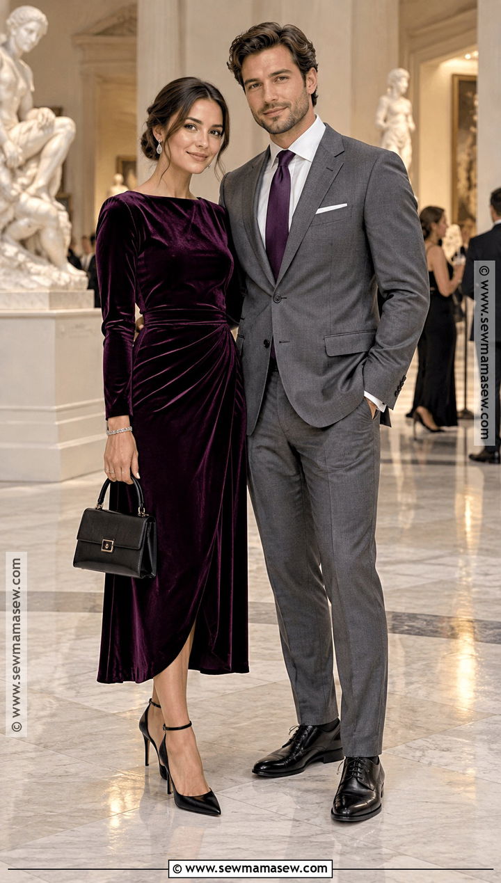 Aubergine Dress And Gray Suit Fall Wedding Guest Couple Outfit - 20 fall wedding guest couple outfits