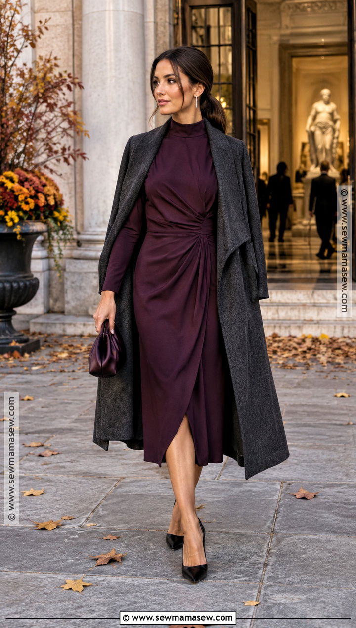 Aubergine High Neck Dress October Wedding Guest Outfit - 20 Wedding Guest October Outfit Ideas