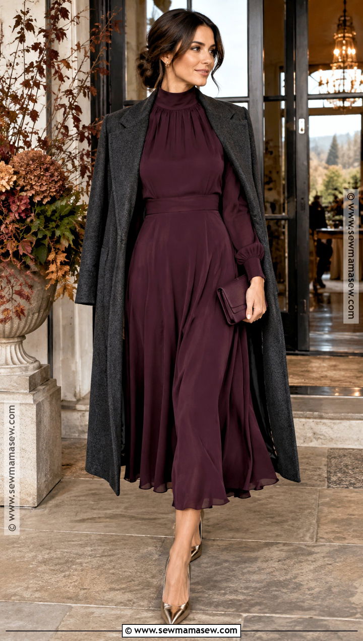 Aubergine High Neck Dress Outfit - 20 fall cocktail wedding guest dress ideas