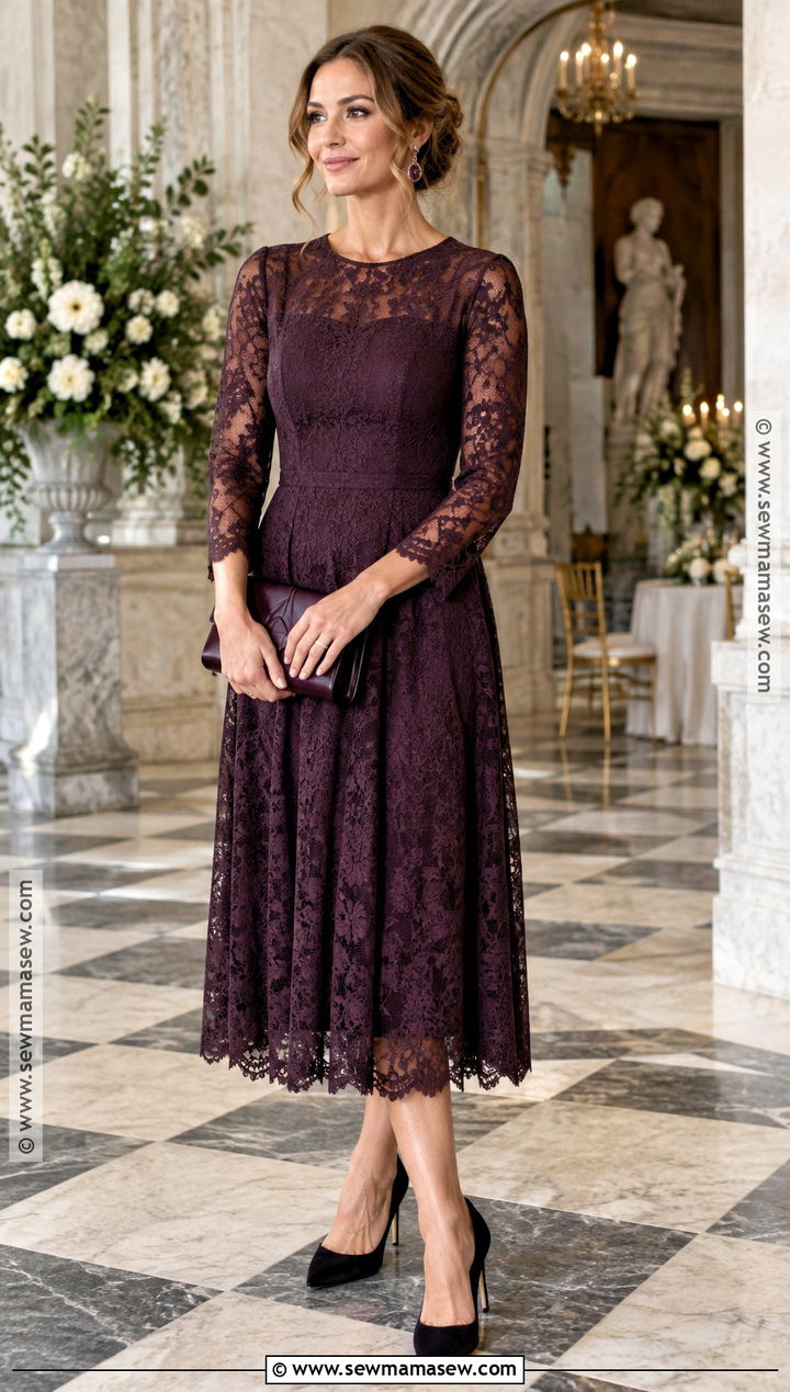 Aubergine Lace Autumn Wedding Guest Outfit - 15 autumn guest wedding outfits