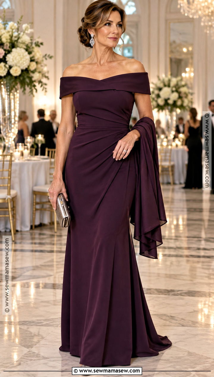 Aubergine Off Shoulder Mother Of The Bride Dress - 15 Fall Mother Of Bride Dresses