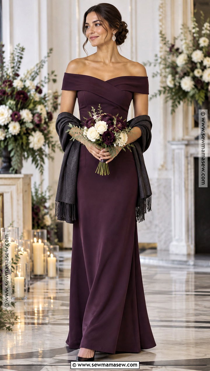 Aubergine Off the Shoulder Autumn Bridesmaid Dress - 25 autumn bridesmaid dresses