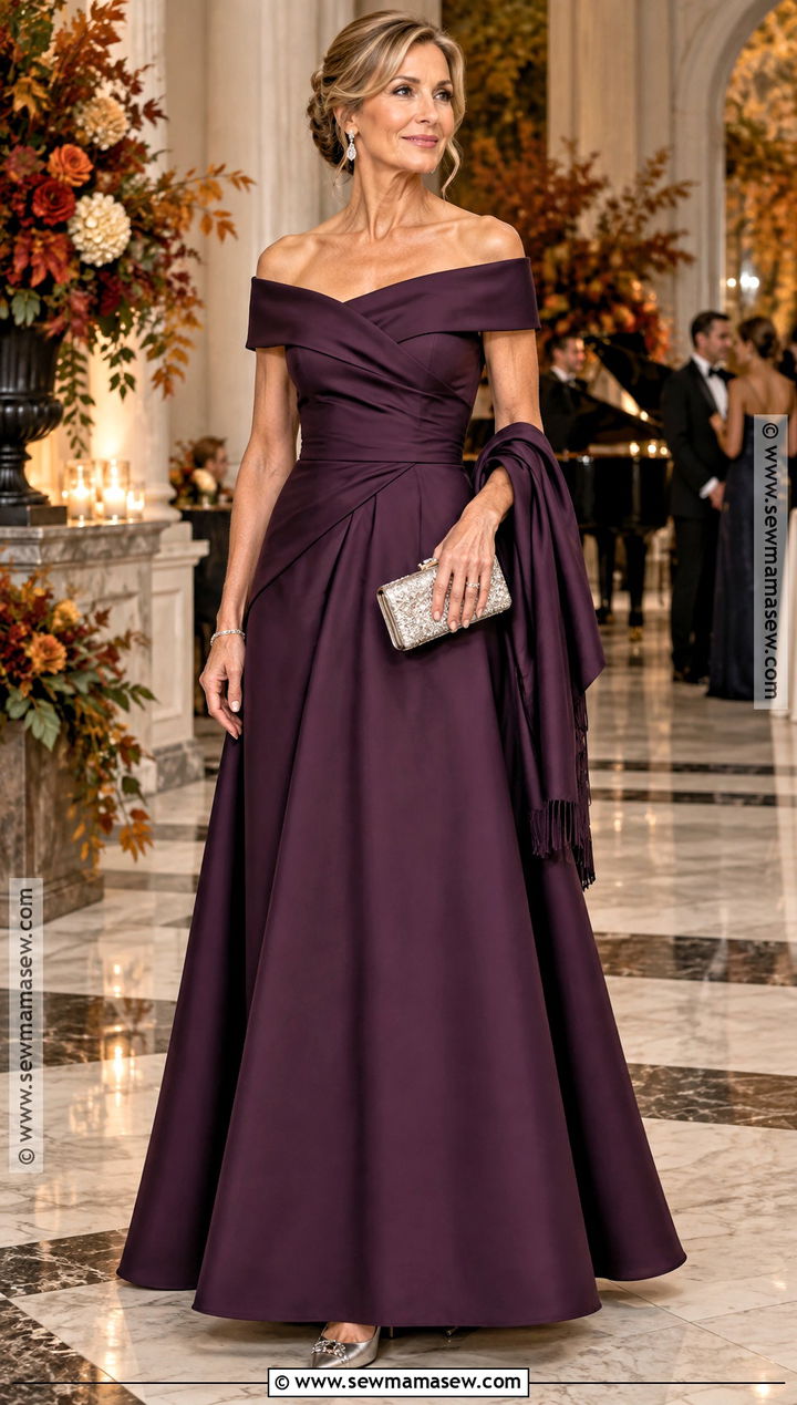 Aubergine Off the Shoulder Mother of the Groom Gown - 20 mother of groom dresses fall