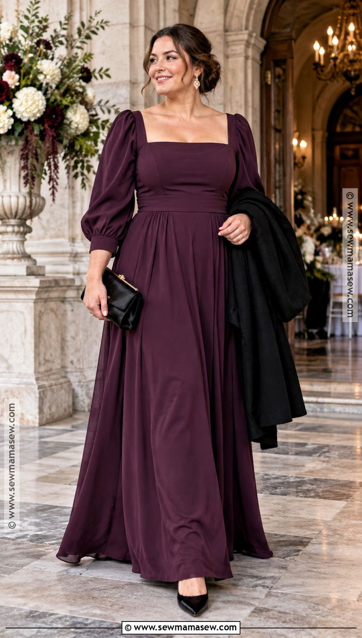 Aubergine Square Neck Maxi Fall Wedding Dress - 15 Fall Wedding Dress Midsize Ideas