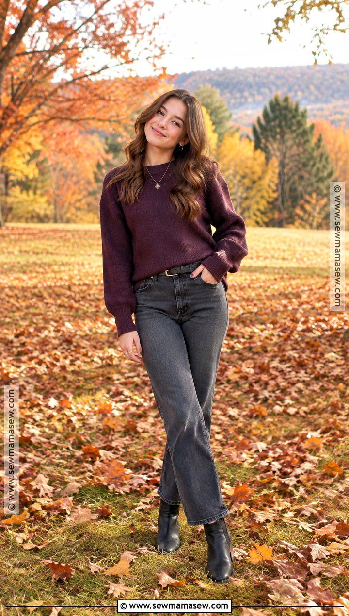 Aubergine Sweater And Gray Jeans Fall Senior Pictures Outfit - 25 fall senior pictures outfits