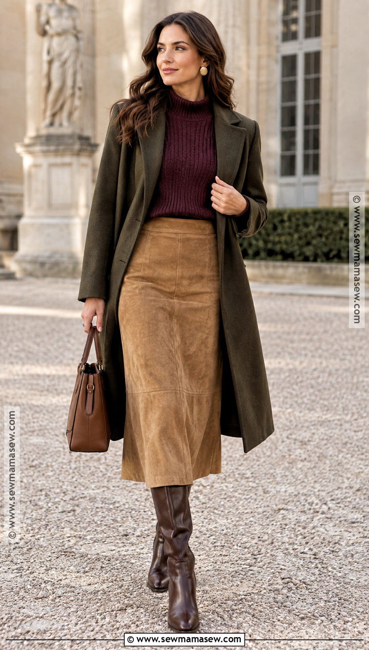Aubergine Sweater And Tan Skirt Autumn Outfit - 15 Autumn Color Analysis Clothes