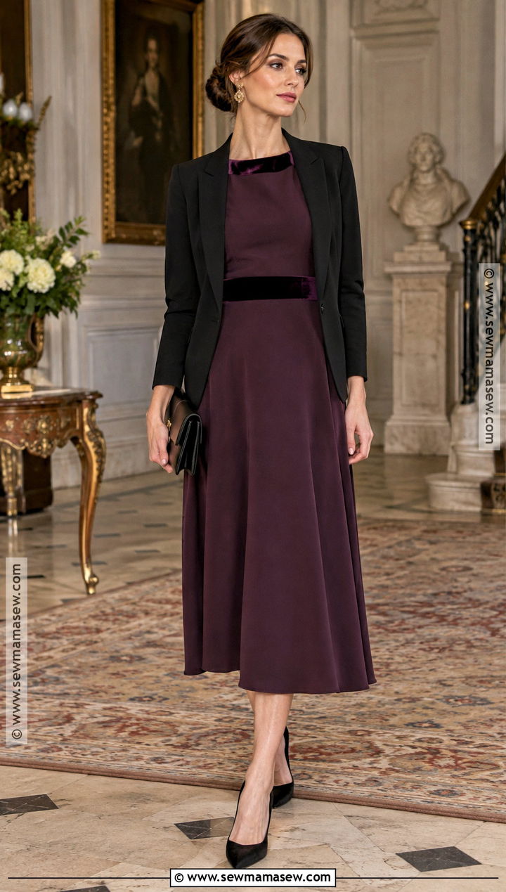 Aubergine Velvet Trimmed Wedding Guest Dress - 20 early fall wedding guest dress ideas