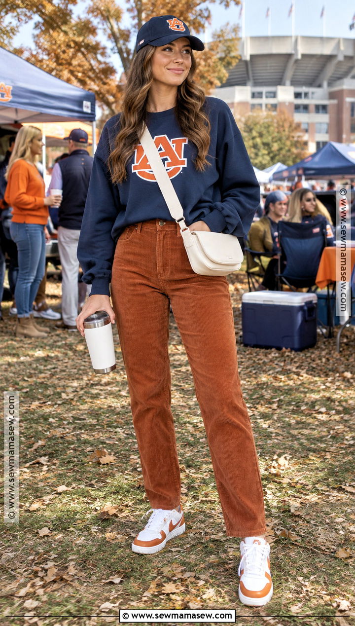Auburn Gameday Outfit With Corduroy Pants And Graphic Sweatshirt - 20 auburn gameday outfit fall ideas