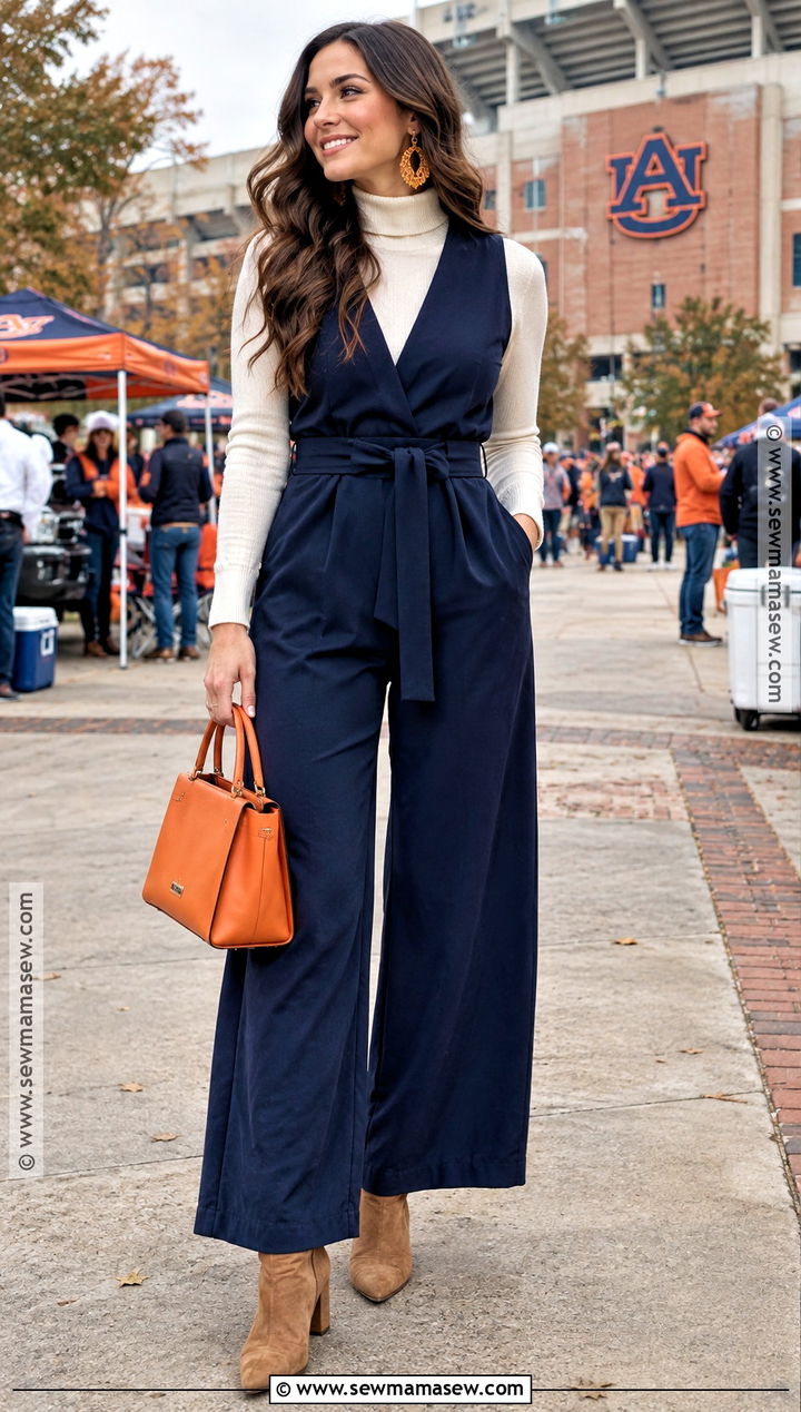 Auburn Gameday Outfit With Navy Jumpsuit And Orange Bag - 20 auburn gameday outfit fall ideas