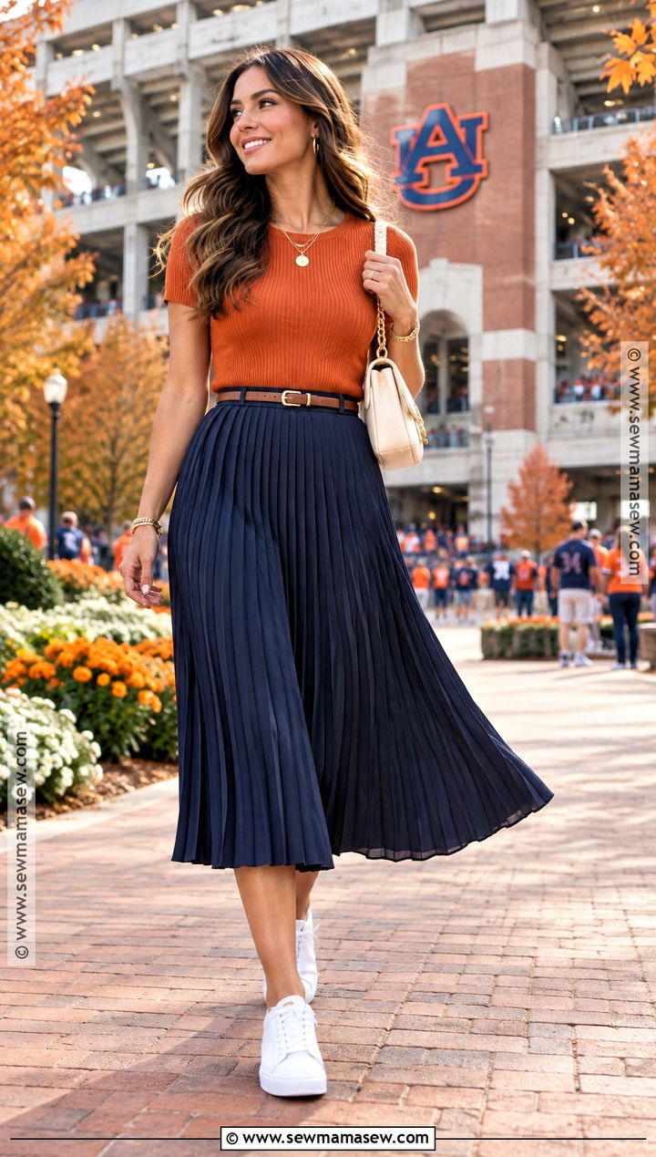 Auburn Gameday Outfit With Navy Midi Skirt And Orange Top - 20 auburn gameday outfit fall ideas