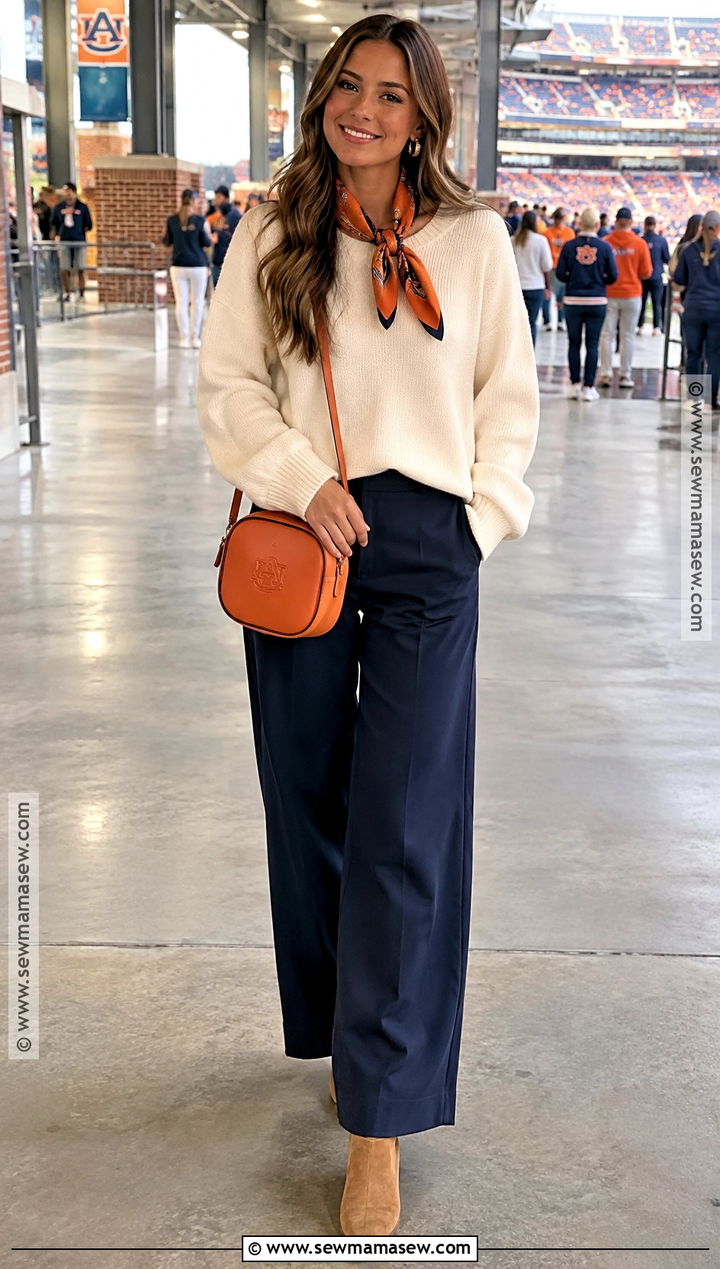 Auburn Gameday Outfit With Navy Pants And Cream Sweater - 20 auburn gameday outfit fall ideas