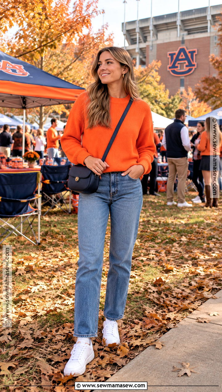 Auburn Gameday Outfit With Orange Sweater And Jeans - 20 auburn gameday outfit fall ideas