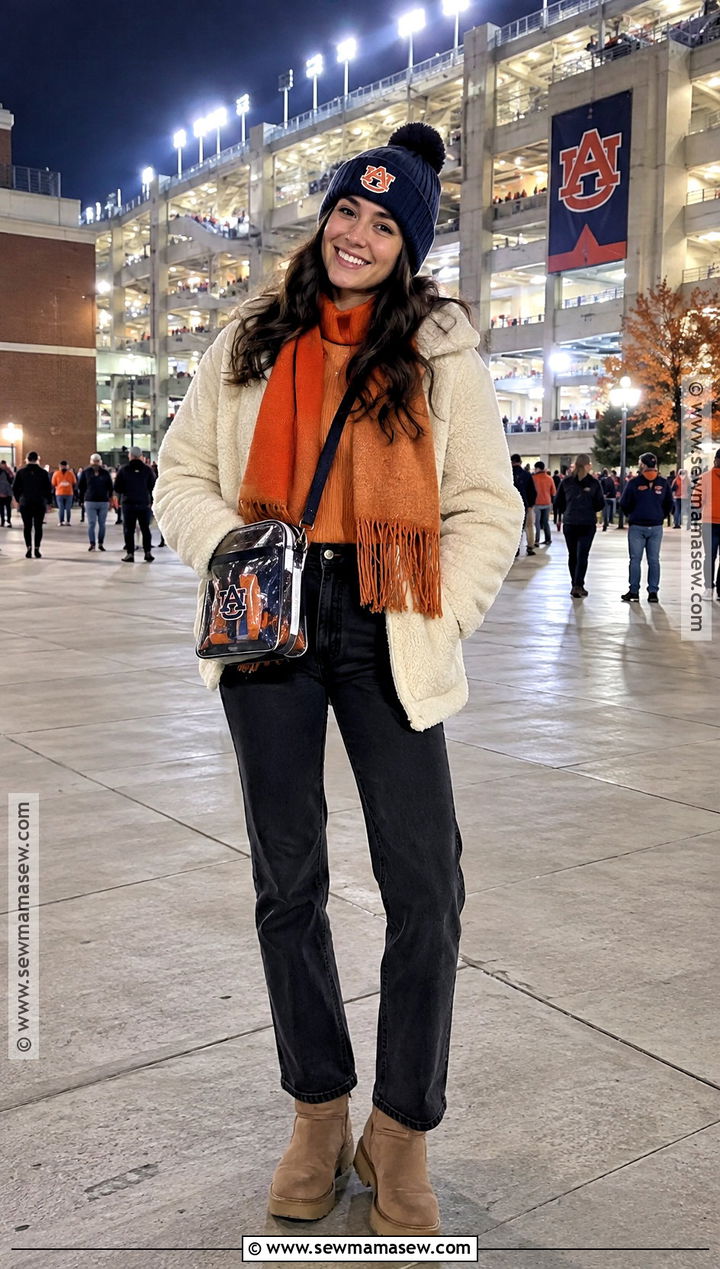 Auburn Gameday Outfit With Sherpa Jacket And Black Jeans - 20 auburn gameday outfit fall ideas